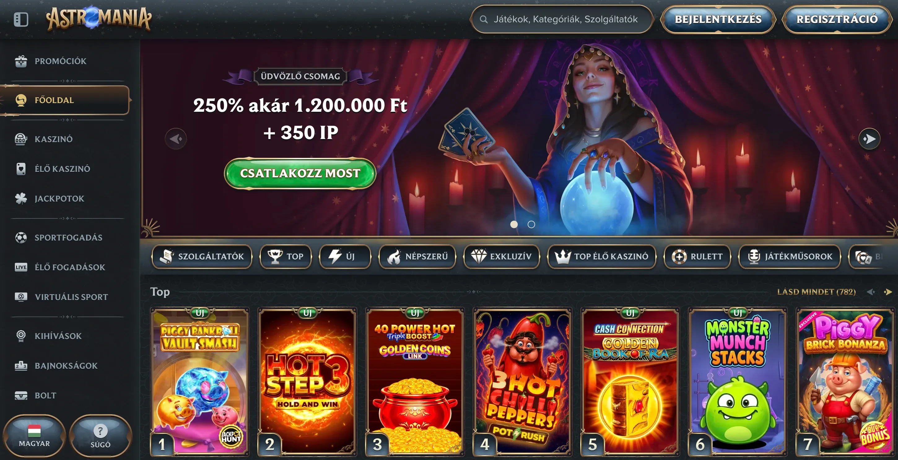 Az Astromania casino honlapja